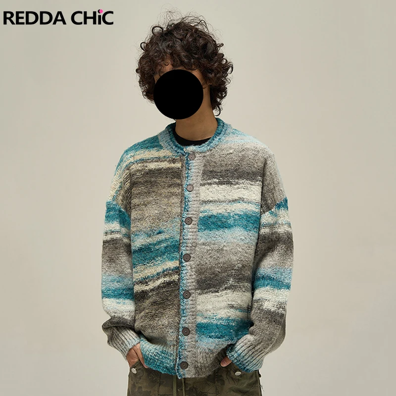 

REDDACHIC Men's Striped Cardigan Sweater Plus Size Contrast Warm Knit Button Down Loose Long Sleeve Top Autumn Everyday Wear