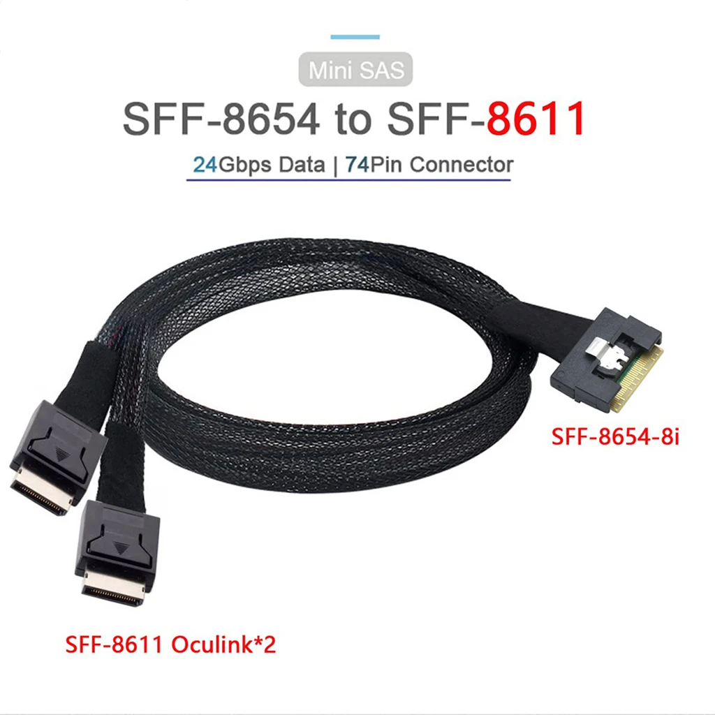 PCIE PCI Express Slimline SAS SFF-8654 8i to Dual OCulink SFF-8611 4i Server Cable Date 74Pin Connector 25Gbps