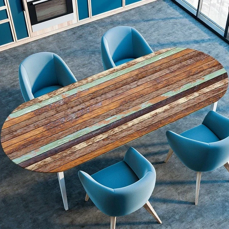 Wooden Plank Texture Style Waterproof Oval Tablecloth Oil-Resistant Elastic Stretch Fitted Table Cover Kitchen Dining Outdoor