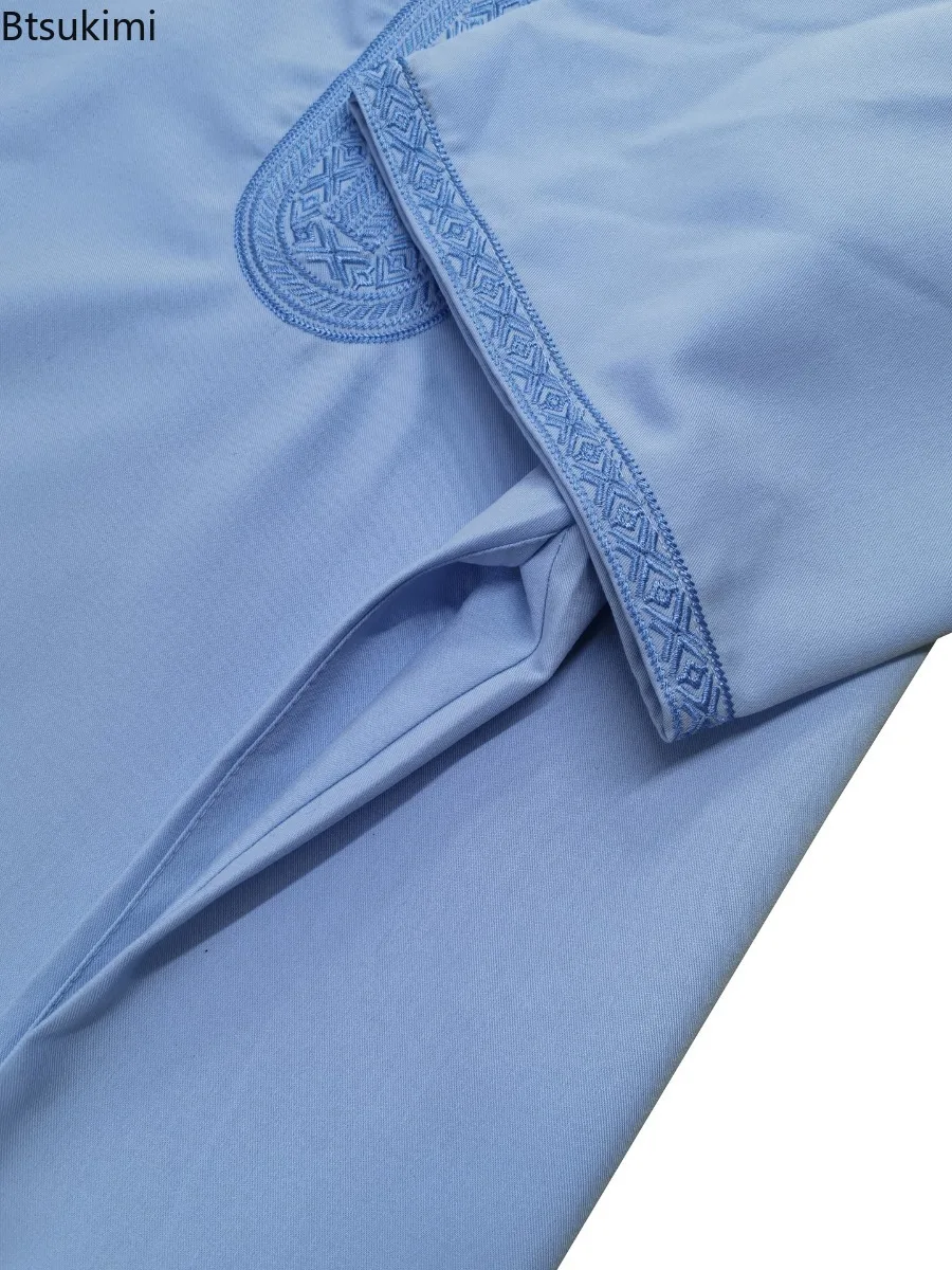 Roupão Masculino Marroquino Bordado com Decote em V, Moda Muçulmana, Abayas com Bolsos Laterais, Vestuário Islâmico Árabe, Vestido para Eid e Ramadan