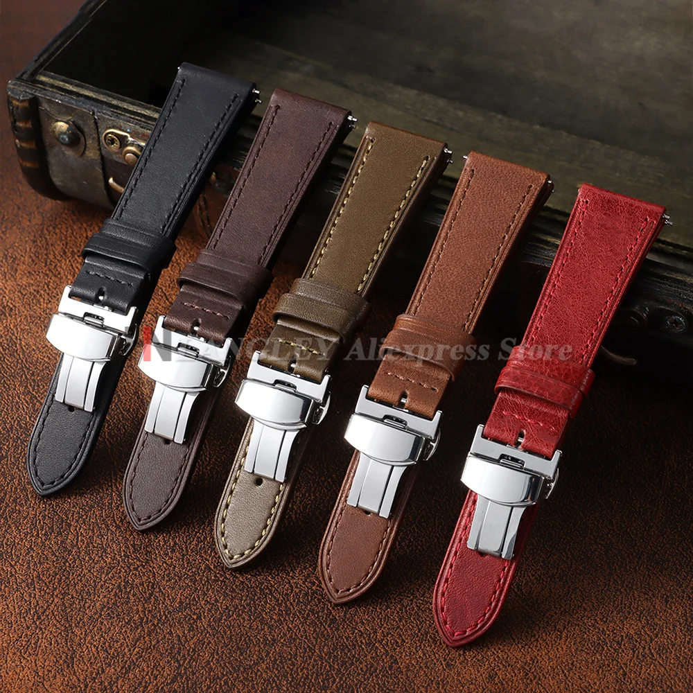 18mm 20mm 22mm 24mm Universal Vintage Oil Wax Leather Watch Straps Brown Head Layer Watch Band Men Accessories Butterfly Buckle
