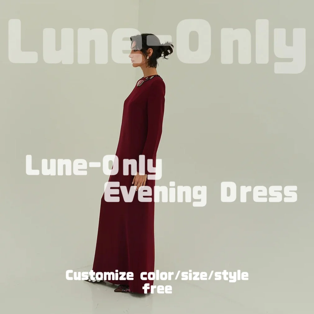 فساتين سهرة مخصصة باللون العنابي فضفاضة من الخرز الوردي وأكمام طويلة ورقبة مستديرة أنيقة للحفلات الراقصة فستان رسمي #2