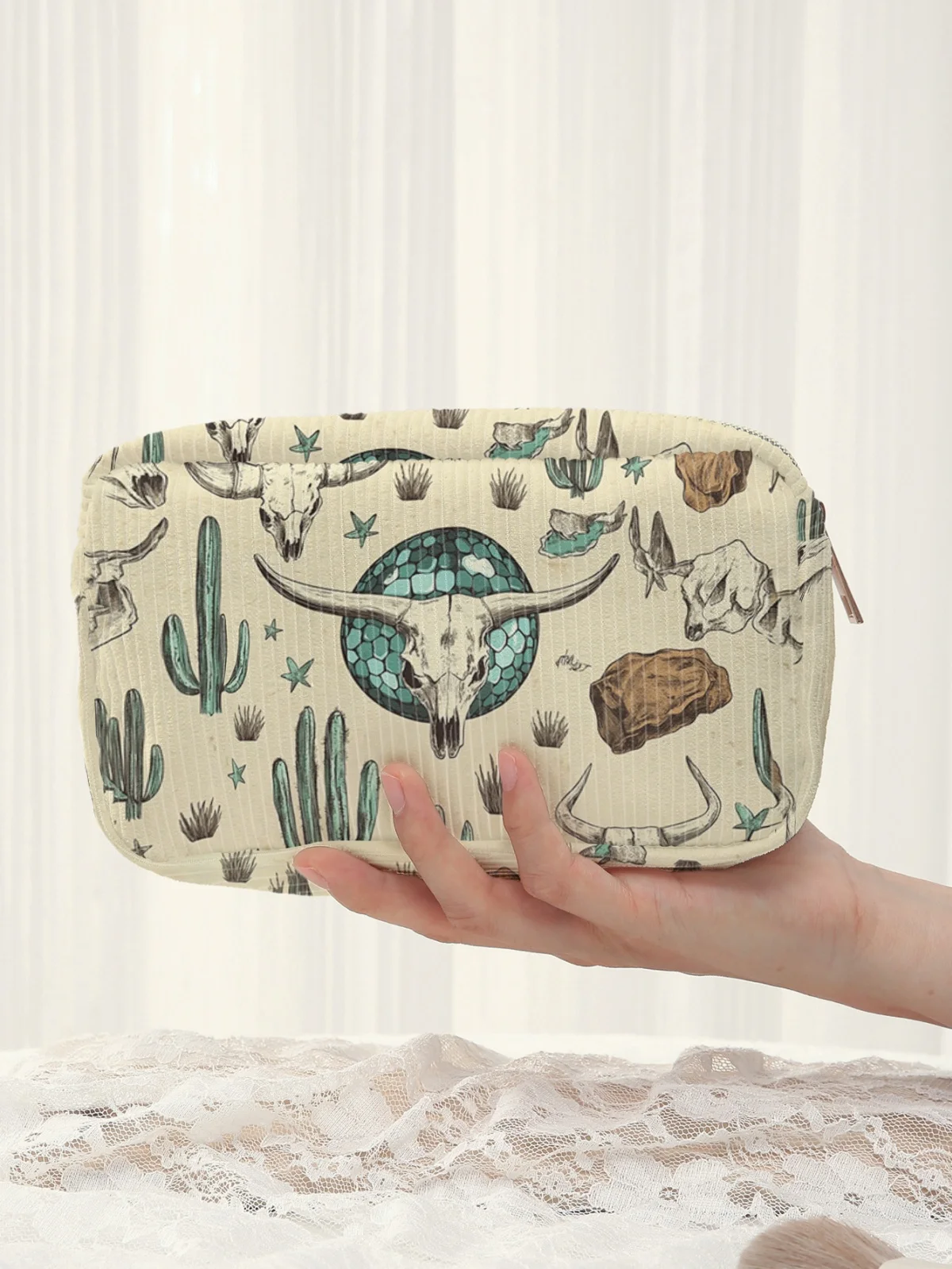 

Косметичка с узором в стиле юго-западной пустыни с изображением скелета и кактуса, большая вместимость, дорожная сумка для туалетных принадлежностей, женская сумка для хранения косметики.