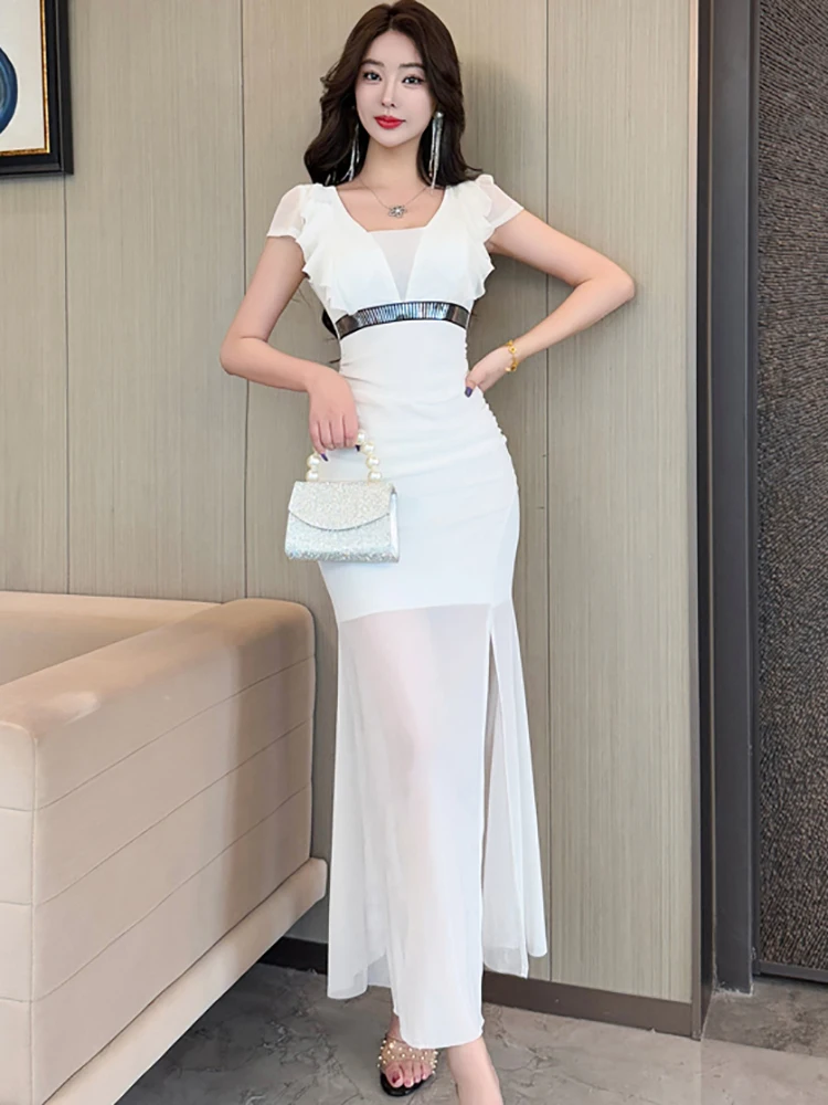 2025 새로운 화이트 메쉬 패치 워크 쉬어 섹시한 슬릿 롱 드레스 여성 짧은 소매 스퀘어 칼라 드레스 여름 우아한 럭셔리 댄스 파티 드레스