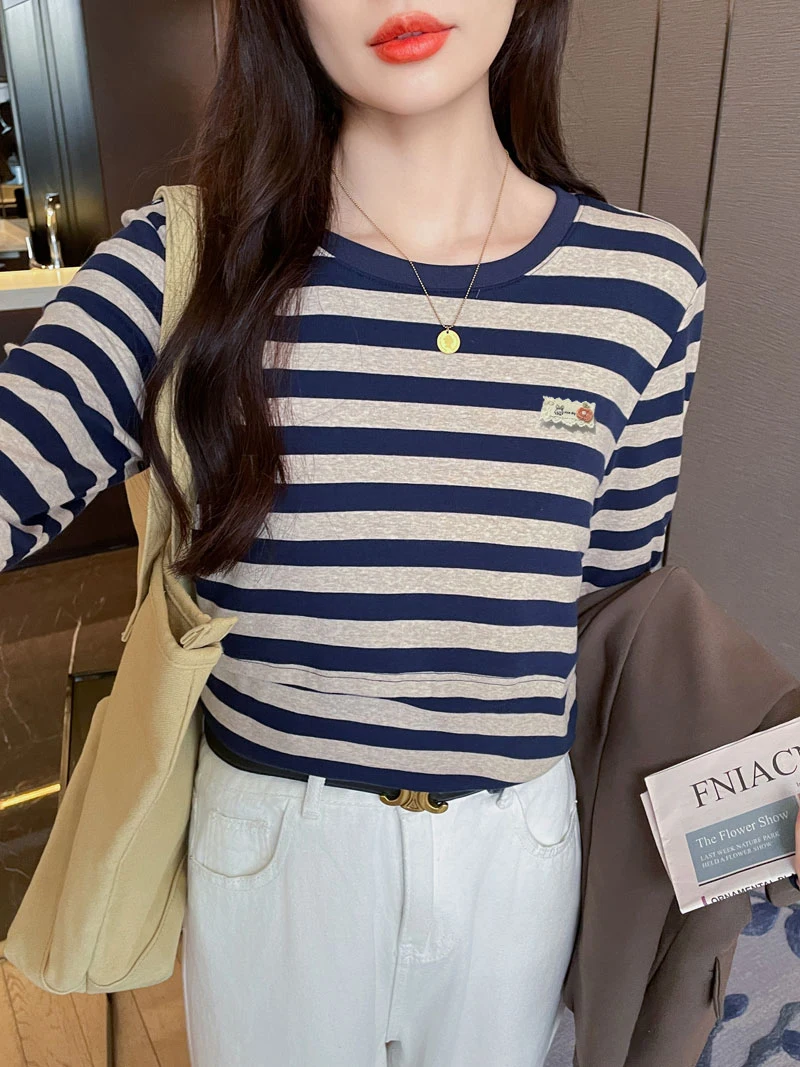 Long Sleeve Fall/Winter Maternity Striped Cotton Nursing T-Shirt Soft Skin-Friendly Knit Breastfeeding Top Tees for Postpartum