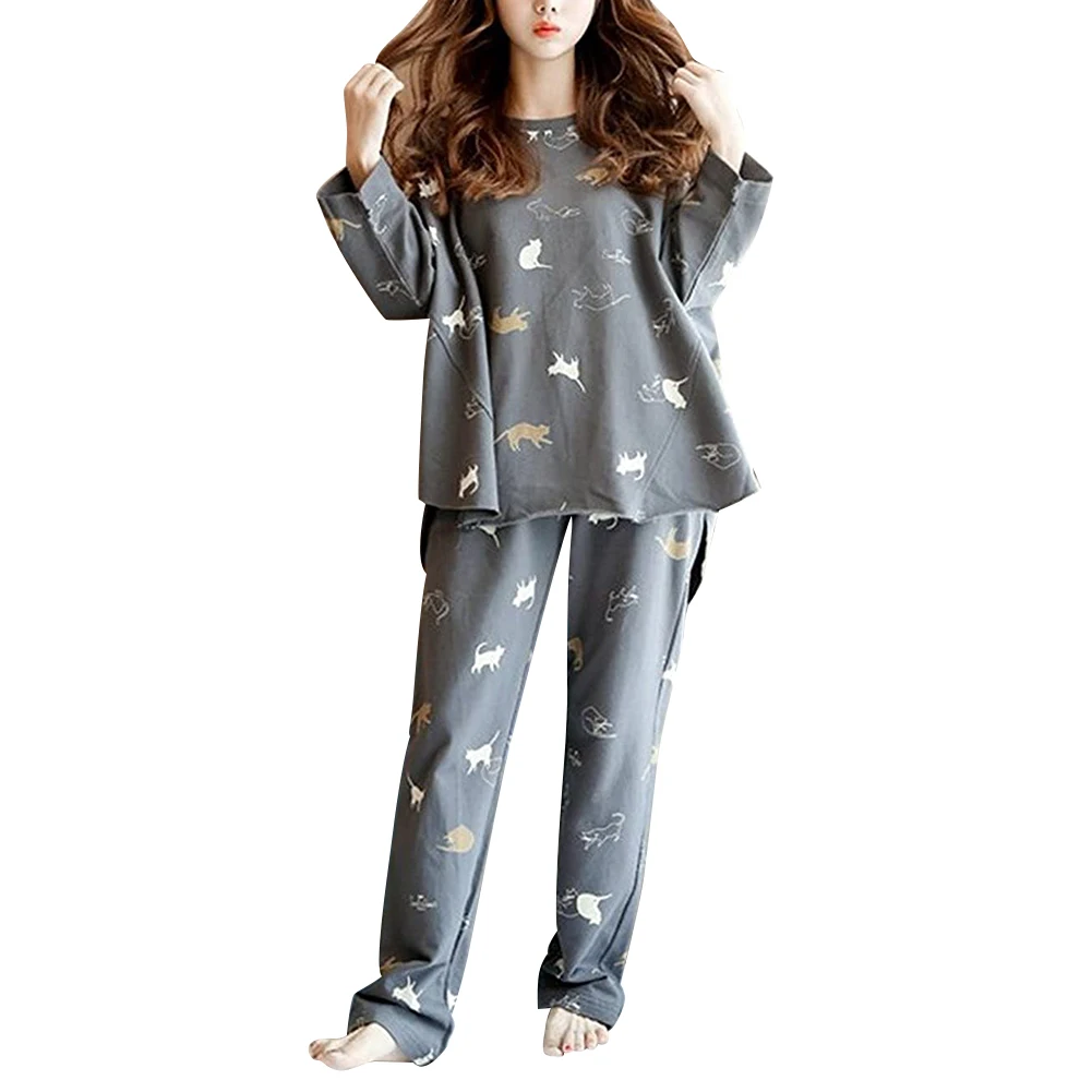 Women\'s pajamas top and bottom set room wear room wear cat pattern long sleeve cotton cute elegant soft