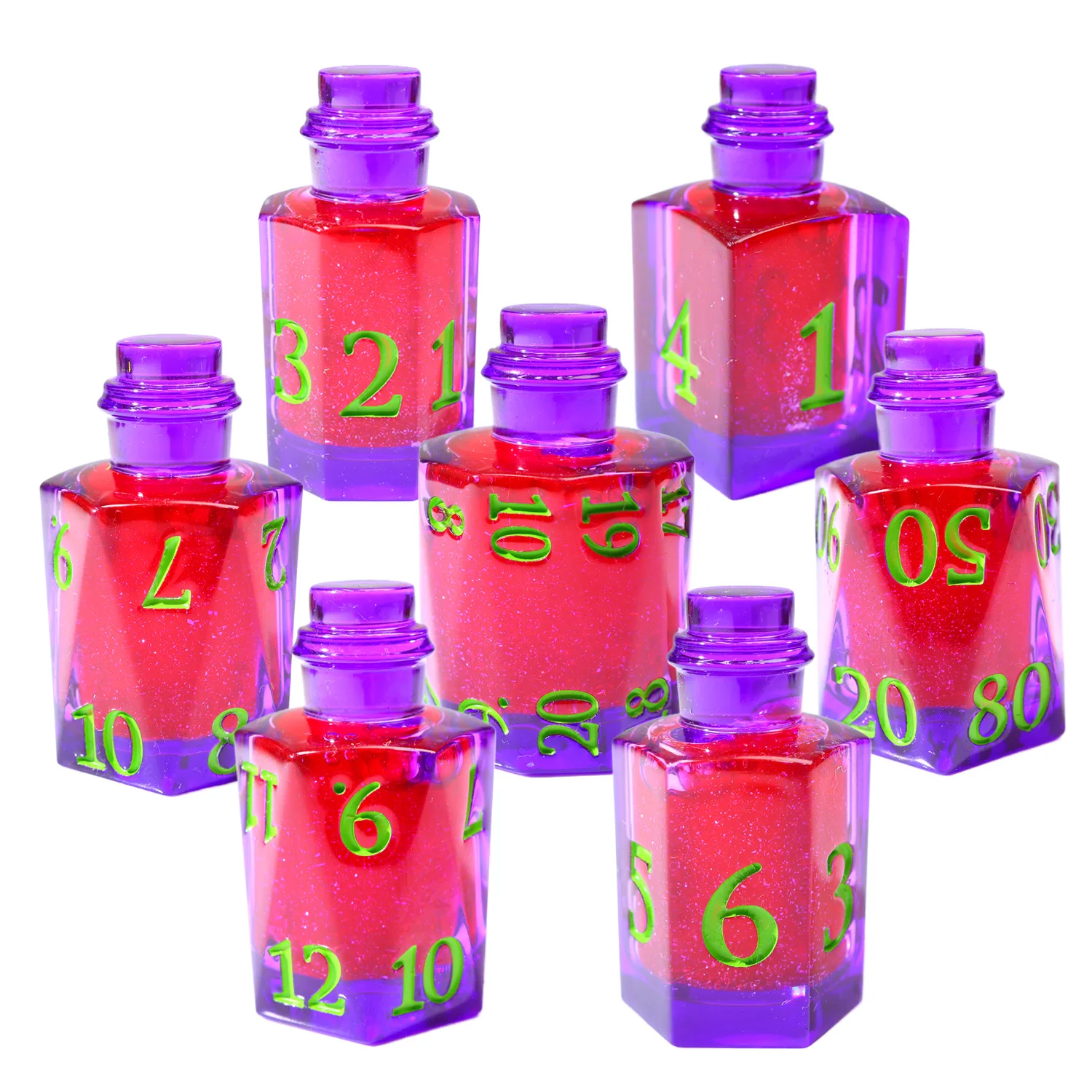 

Liquid Core DND Dice Set,7-Piece Potion Bottle Shape Polyhedral Resin Dice Red and Purple for RPG Tabletop Games-Bottle6