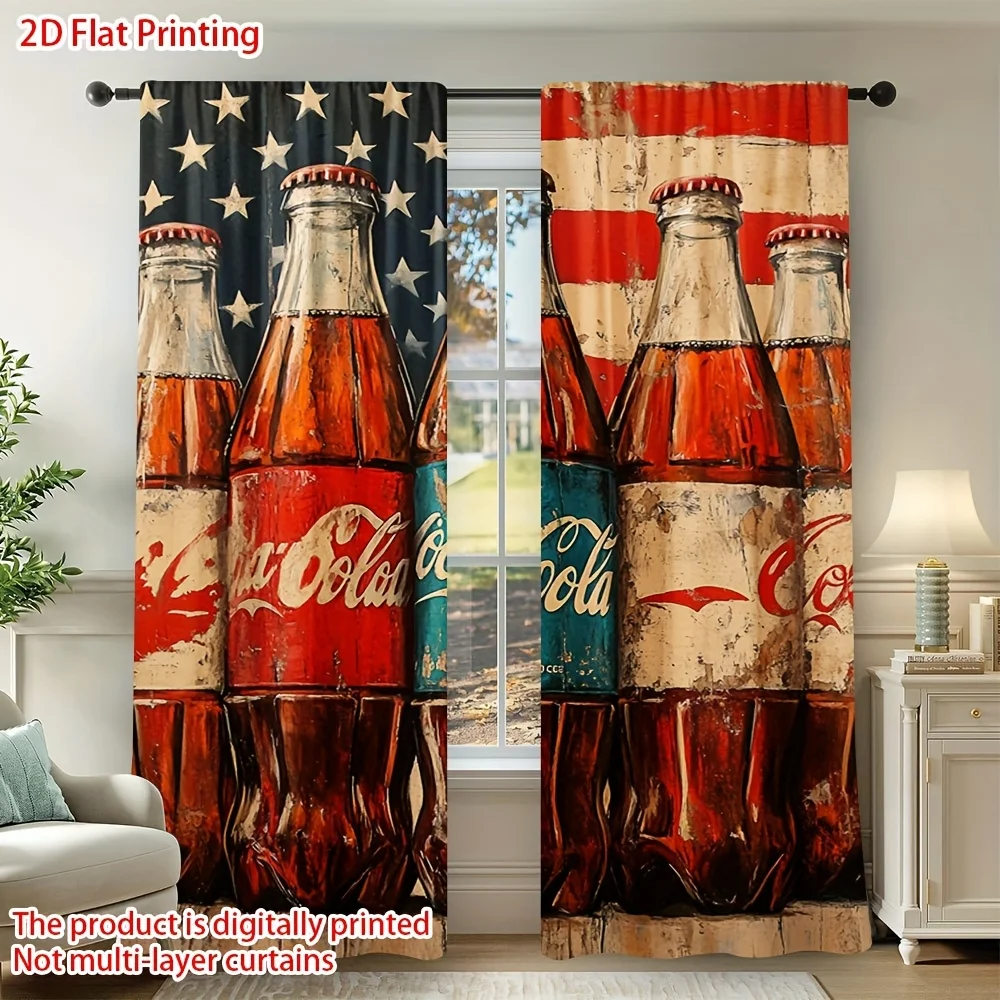 Cortinas Blackout com Estampa Retrô de Garrafa de Cola e Bandeira, com Bolso para Varão, para Decoração de Casa e Quarto