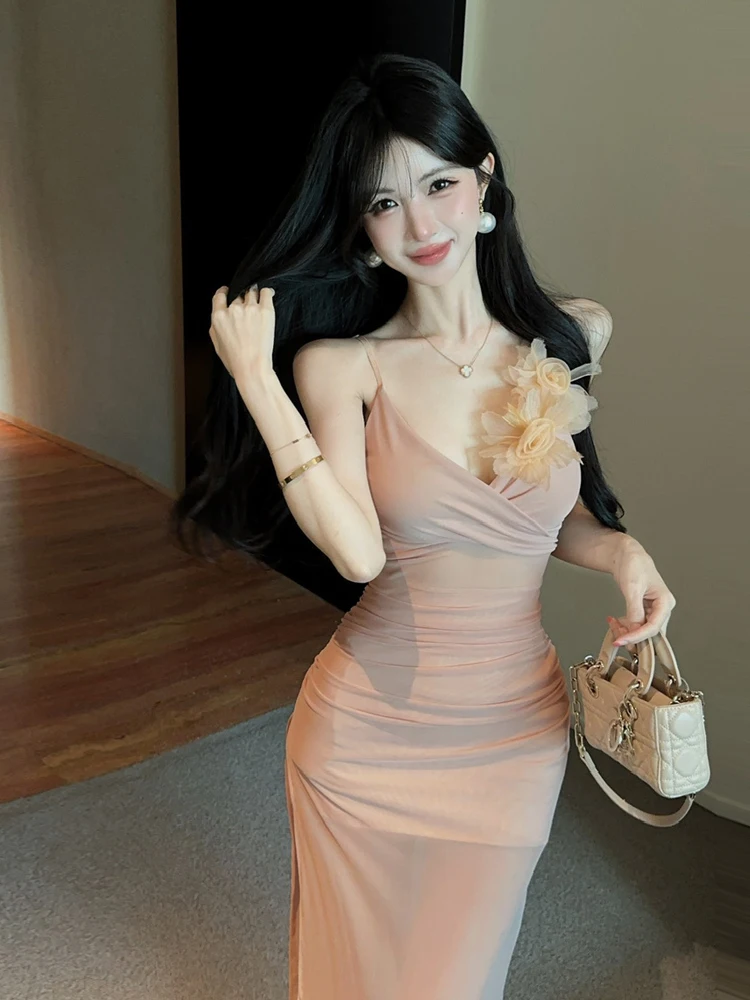 French Style Bell Sleeve High Waist Mesh Dress Summer Casual V Neck Sleeveless Slimming Bodycon Skirt Holiday Vibes Dress