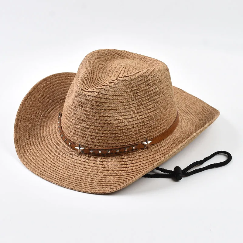 Womens Straw Western Cowboy Hat Foldable Wide Brim Summer Sun Hats Outdoor Vacation Beach Cowgirl Hat