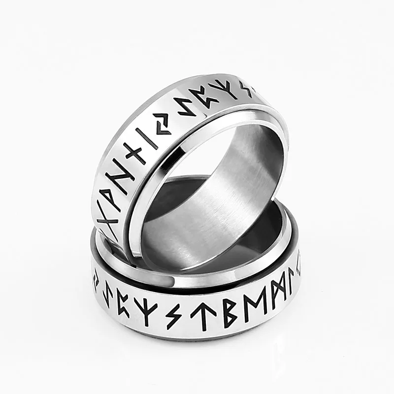 Steel soldier rotating viking rune ring stainless steel men nordic myth religious jewelry