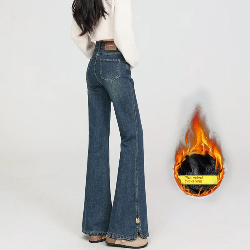 Plus Size Fleece-Lined High-Waisted Split Bootcut Jeans Thick Stretch Figure-Flattering Warm Pants