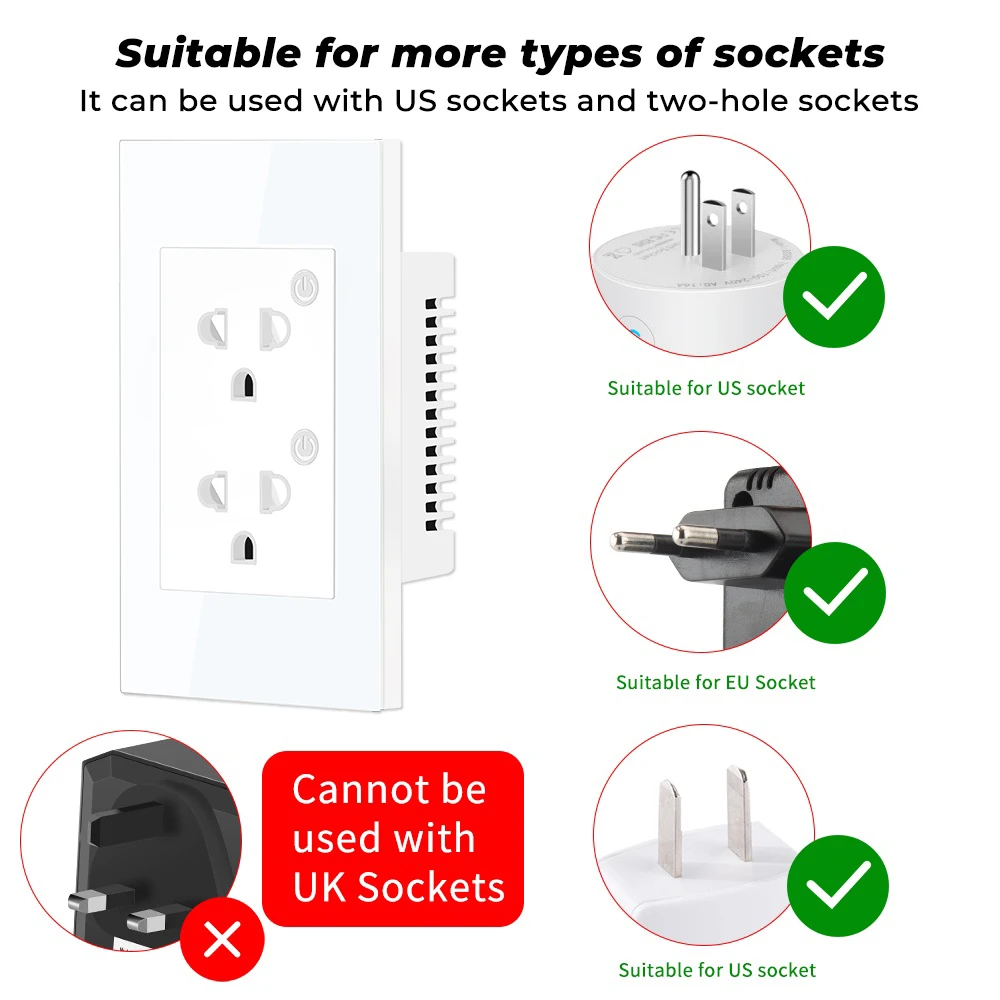 Adaptador de enchufe inteligente con WiFi, Monitor de corriente de pared, temporizador de encendido y apagado eléctrico para Google Home, Alexa, Tuya, EE. UU., UE, 16A