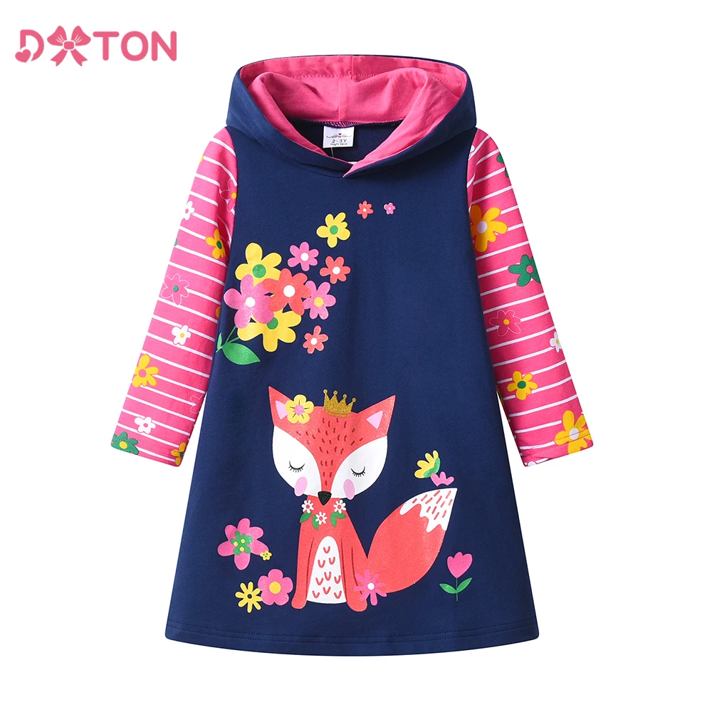 DXTON Winter Hooded Girls Dress Cotton Toddler Hoodies Outfits Squirrel Floral Children Dress Stripe Kids Hooded Cartoon Clothes