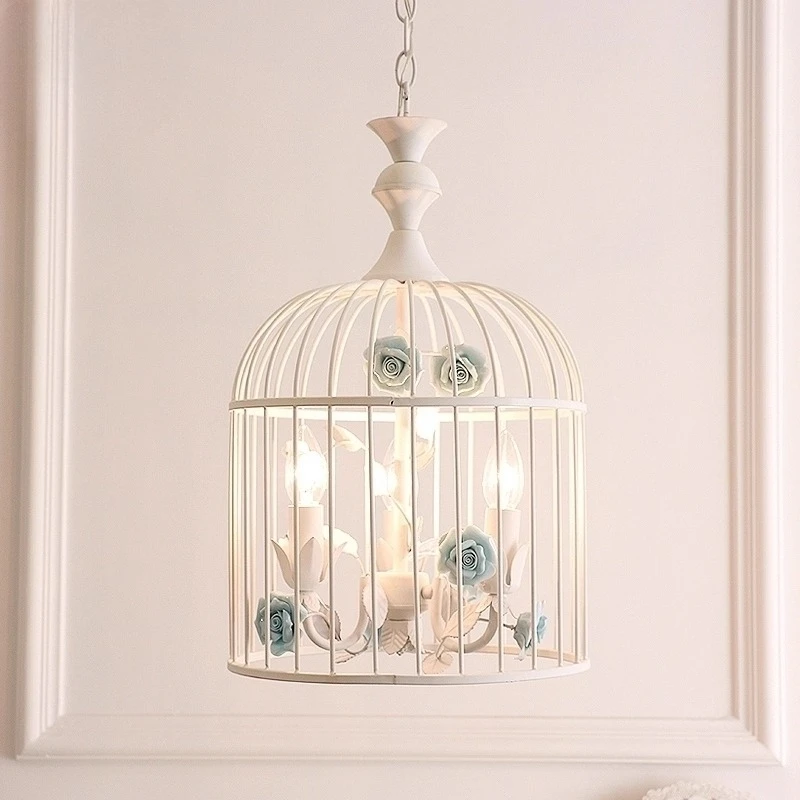 

New wrought iron birdcage chandelier white pastoral style creative restaurant duplex staircase dining room clothing store chande