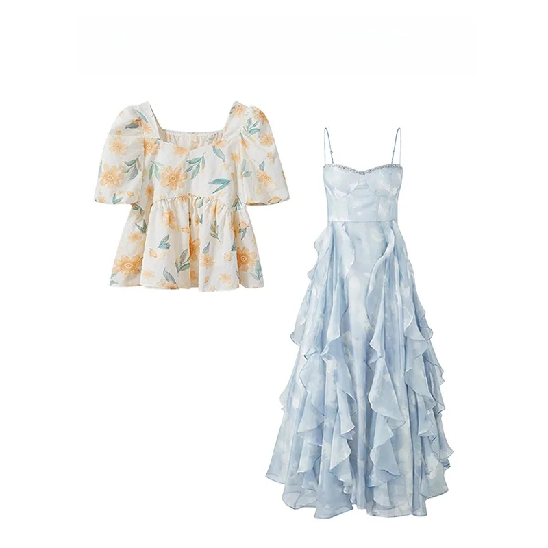 Ensemble jupe féerique à imprimé floral d'été pour femmes, t-shirt à col carré de petite taille, sangle supérieure, ensemble deux pièces Ele Sle Midi...