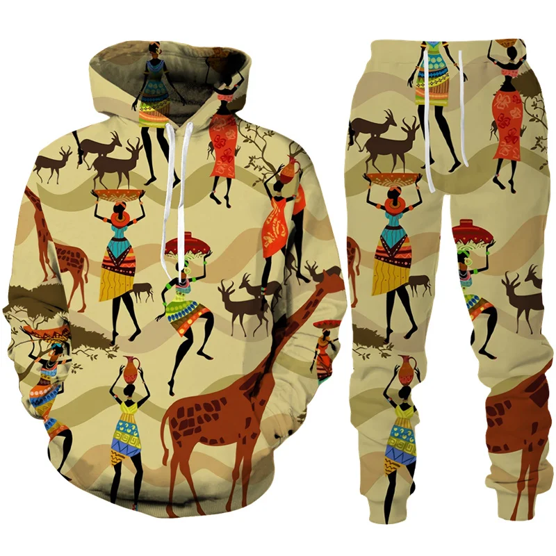 Retro African Ethnic Style Hoodie 2Pcs Sets 3D Print Men/Women Hooded Sweatshirt Pant Sets Summer Autumn Pullover Couple Outfits