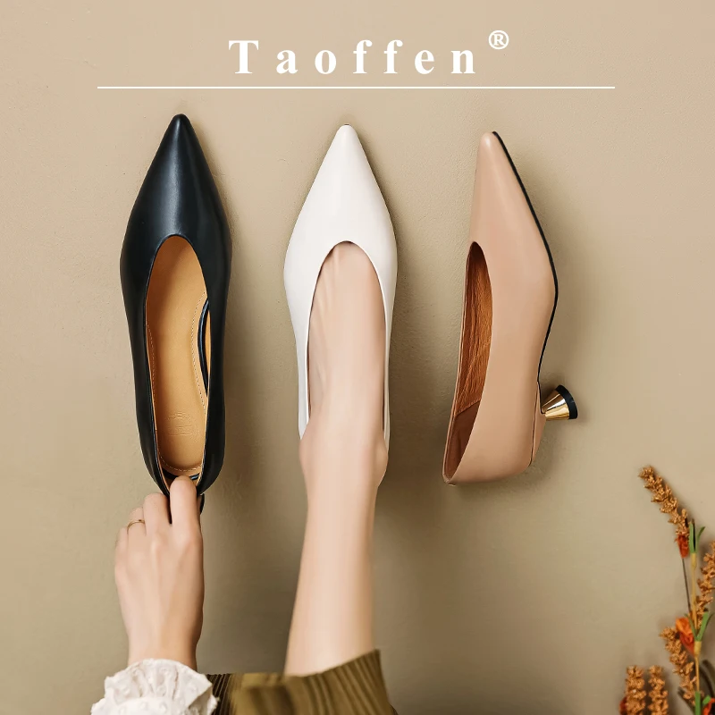 Taoffen Spring/Autumn Women\'s Pumps Real Leather Pointed toe High Heel Fashion Slip On Thin Heels Solid Casual Office Lady Shoes