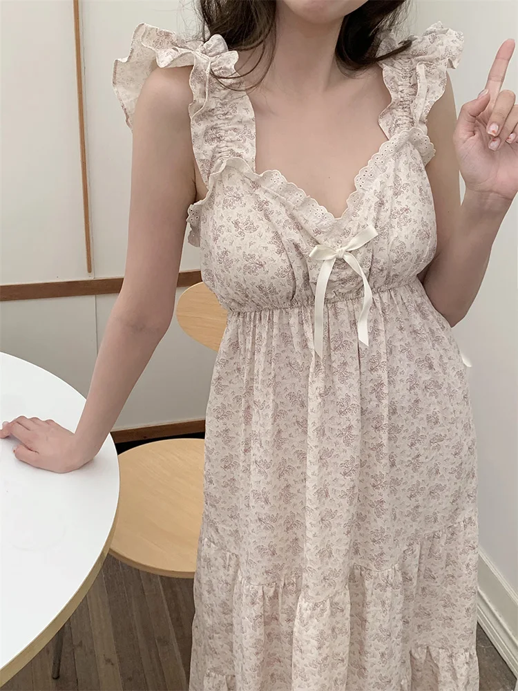 Print Soft Floral Cotton Sleeveless Sweet Court style French NightDress Women Princess Loose V-Neck Sxey Suspenders Sleepwear