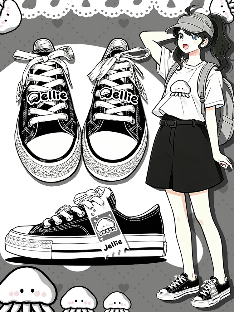 Amy und Michael Damen-Sneaker mit niedrigem Schaft und niedlichem Quallen-Cartoon-Motiv, schwarze Schnür-Sneaker, Y2K Kawaii Mädchen-Freizeitschuhe mit Vulkanisierung – Detail 3