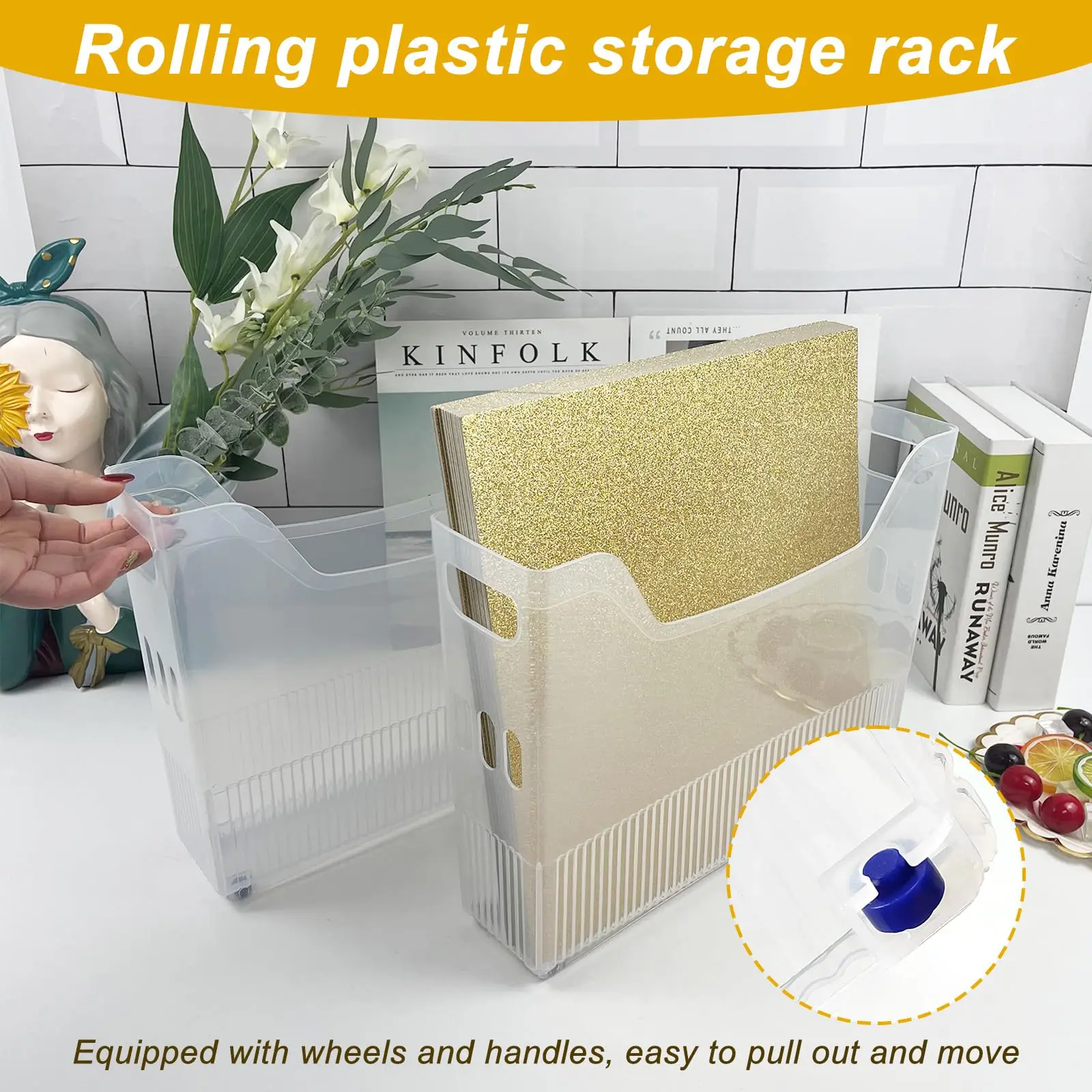 Storage Organizer,Scrapbook Paper Storage with Wheels,Plastic Portable Scrapbook Storage Bin for Scrapbook Papers,Cardstocks,Doc