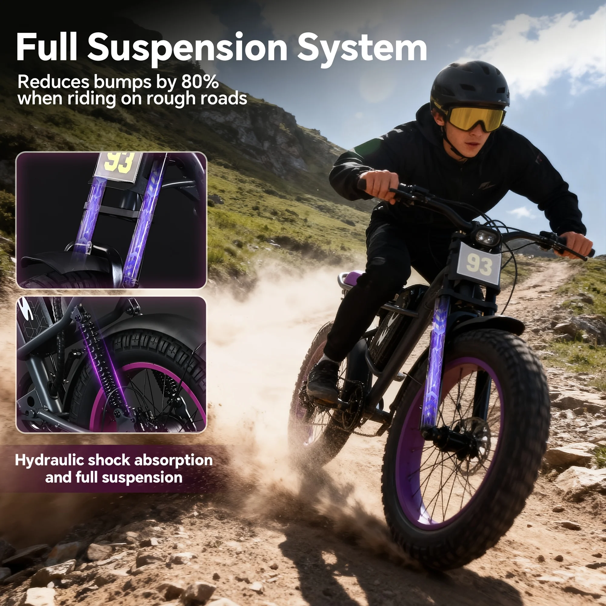 

Электрический велосипед с гидравлической подвеской, внедорожный электровелосипед с полной подвеской, скорость до 32 км/ч, аккумулятор 48В 20.8А с увеличенным запасом хода, 500 Вт.