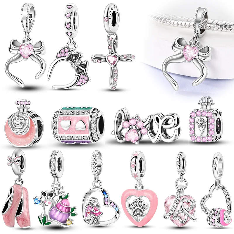 Rosa Serie Perlen 925 Silber Bär LIEBE Fahrrad Tanz Schuh Charms passen Original Armreif Armband Anhänger DIY Schmuck Geschenk für Frauen