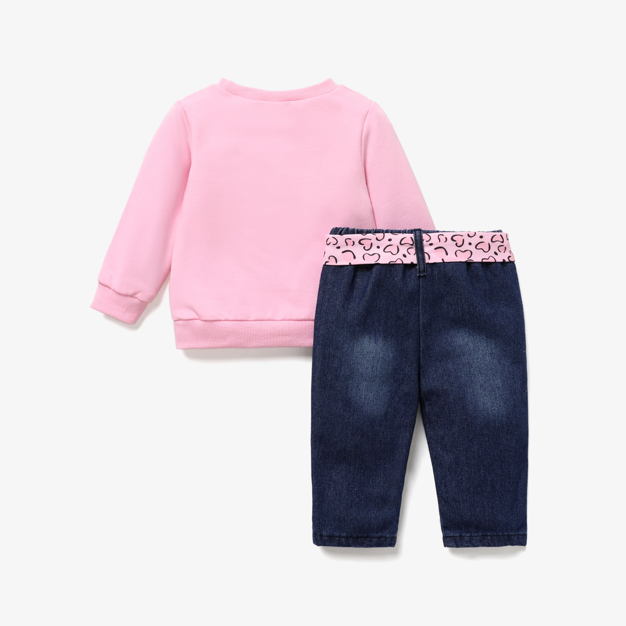 PatPat 2pcs Baby Girl Figure Print Long-sleeve Sweatshirt and 100% Cotton Belted Ripped Jeans Set