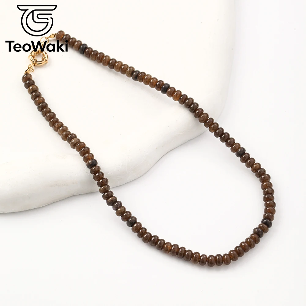 TeoWaki Boho 4x6mm Rondelle Brown Jade Beaded Necklace 40cm Christmas New Year Present For Women Friend Holiday Party Accessory