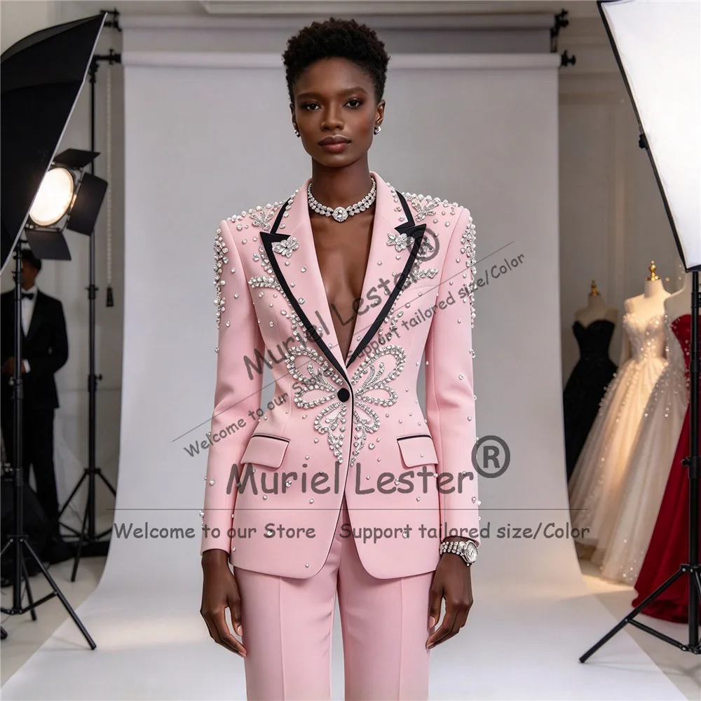 Unique Design Bride/Groom's Mother Tuxedo Customized Beaded Stones Women Pants Suit For Wedding 2 Piece Sets Lady Banquet Outfit