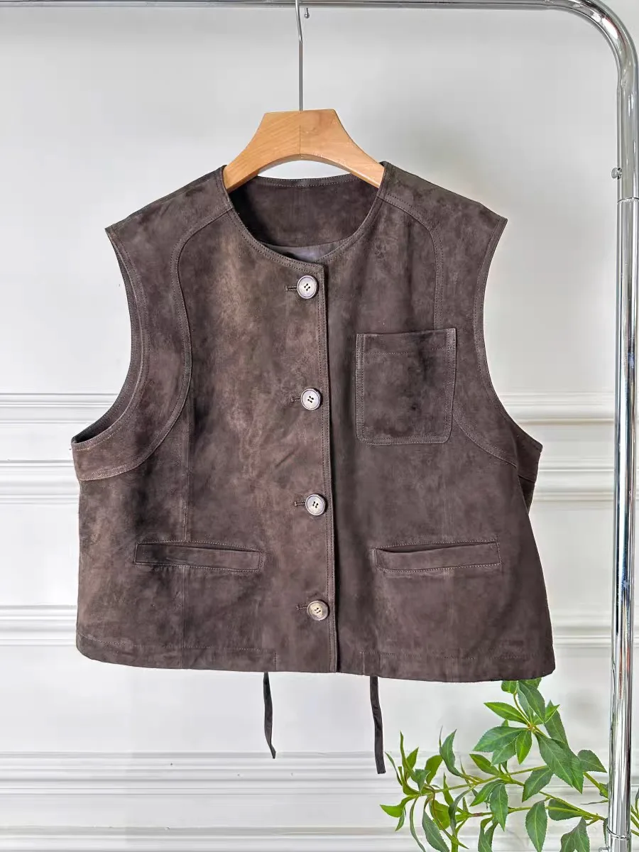 Retro Kid Pelle scamosciata 100% pelle di pecora Top Abbigliamento per donna Gilet in vera pelle Stile corto Girocollo britannico Abbigliamento a strati