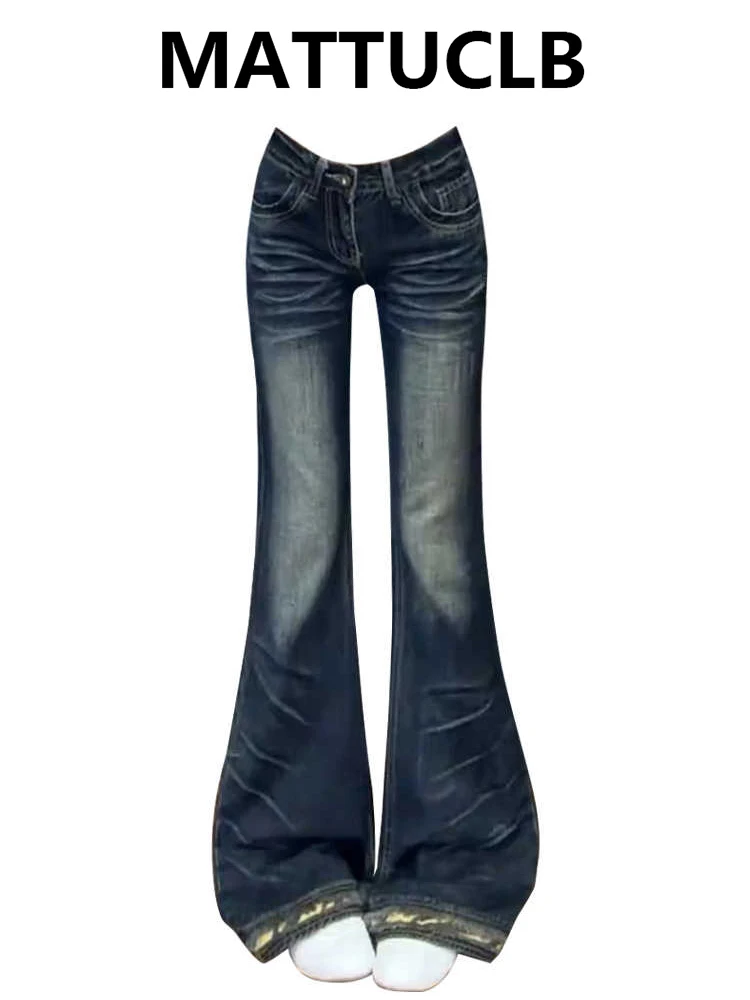 Осень-зима 202, женские американские ретро-низкие синие уличные джинсовые брюки-клеш 2000-х годов Y2k, узкие джинсы в сложенном виде, расклешенные джинсы