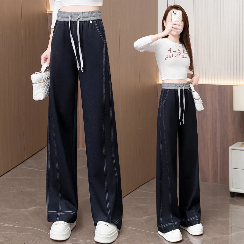 غير يتلاشى السراويل الدنيم المقاومة للتجاعيد مستقيم الساق للنساء، الخريف جديد الرباط مرونة عالية الخصر التخسيس ثنيات واسعة L #4