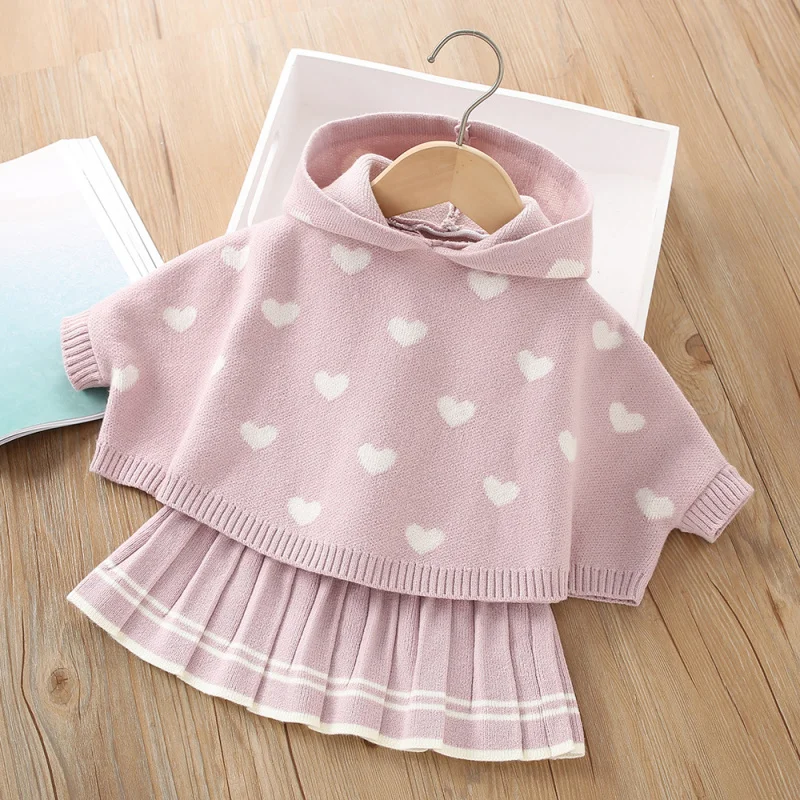 Girls' Sweater Set Autumn New Fashionable Cute Cape Heart Baby Knitted Pullover Two-Piece Set