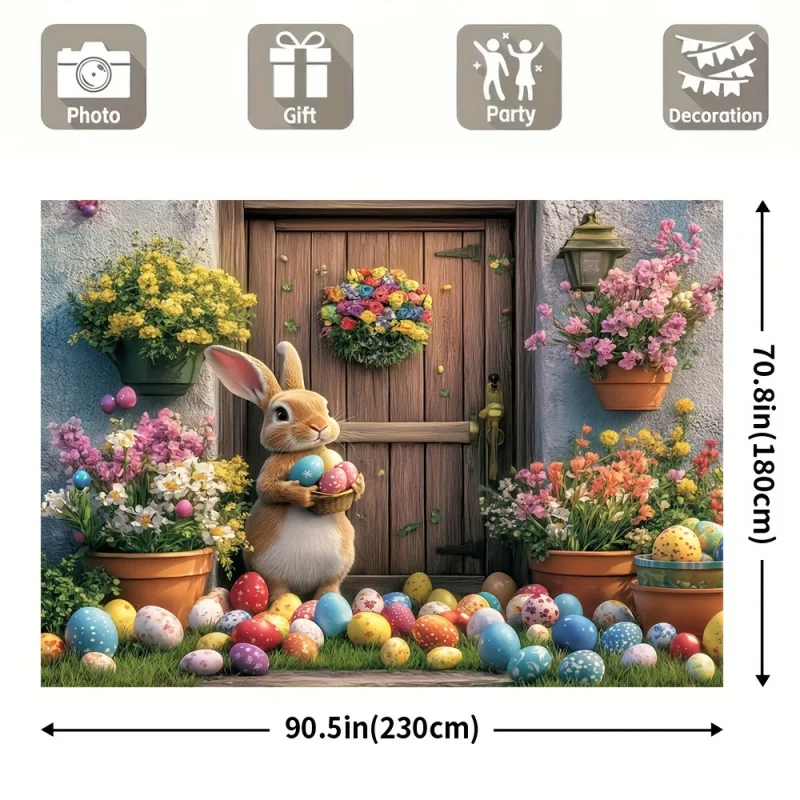 VIKAMA Oster-Wandteppich: Entzückender Hase & Bunte Eier, 3D-gedruckter Hintergrund für Holztüren, Wasserdichter Polyester-Gartendekor für Partys