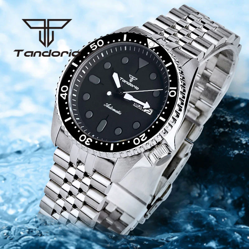 

Tandorio 41mm NH36A 200m Men's Automatic Dive Wristwatch 120 Clicks Rotating Bezel Sapphire Glass Week Date Dial Steel Bracelet