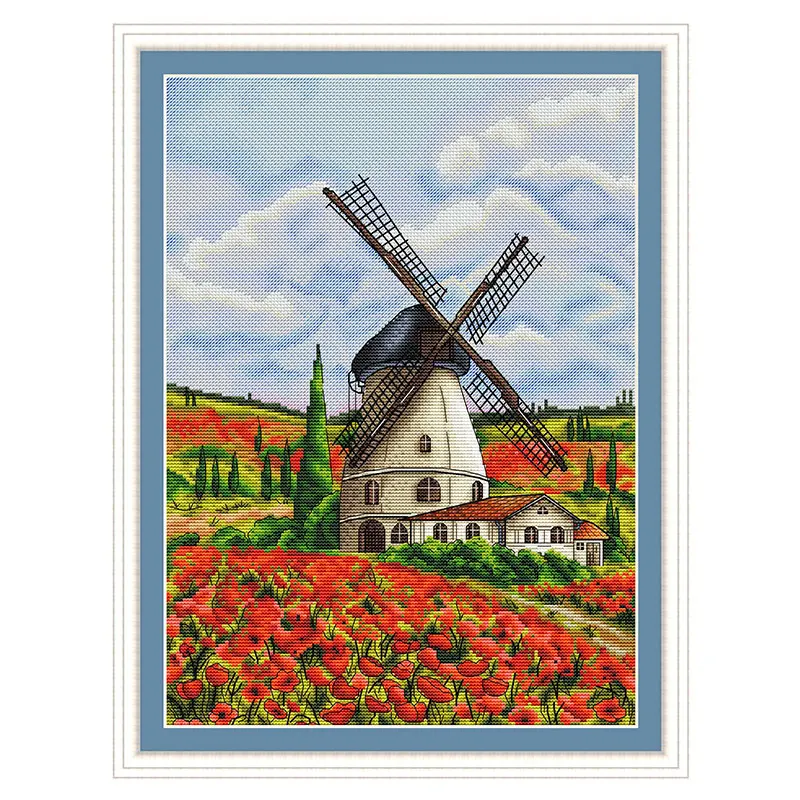 Full Embroidered Landscape Precision Print C1679 Windmill Garden Fishxx Cross Stitch Kit