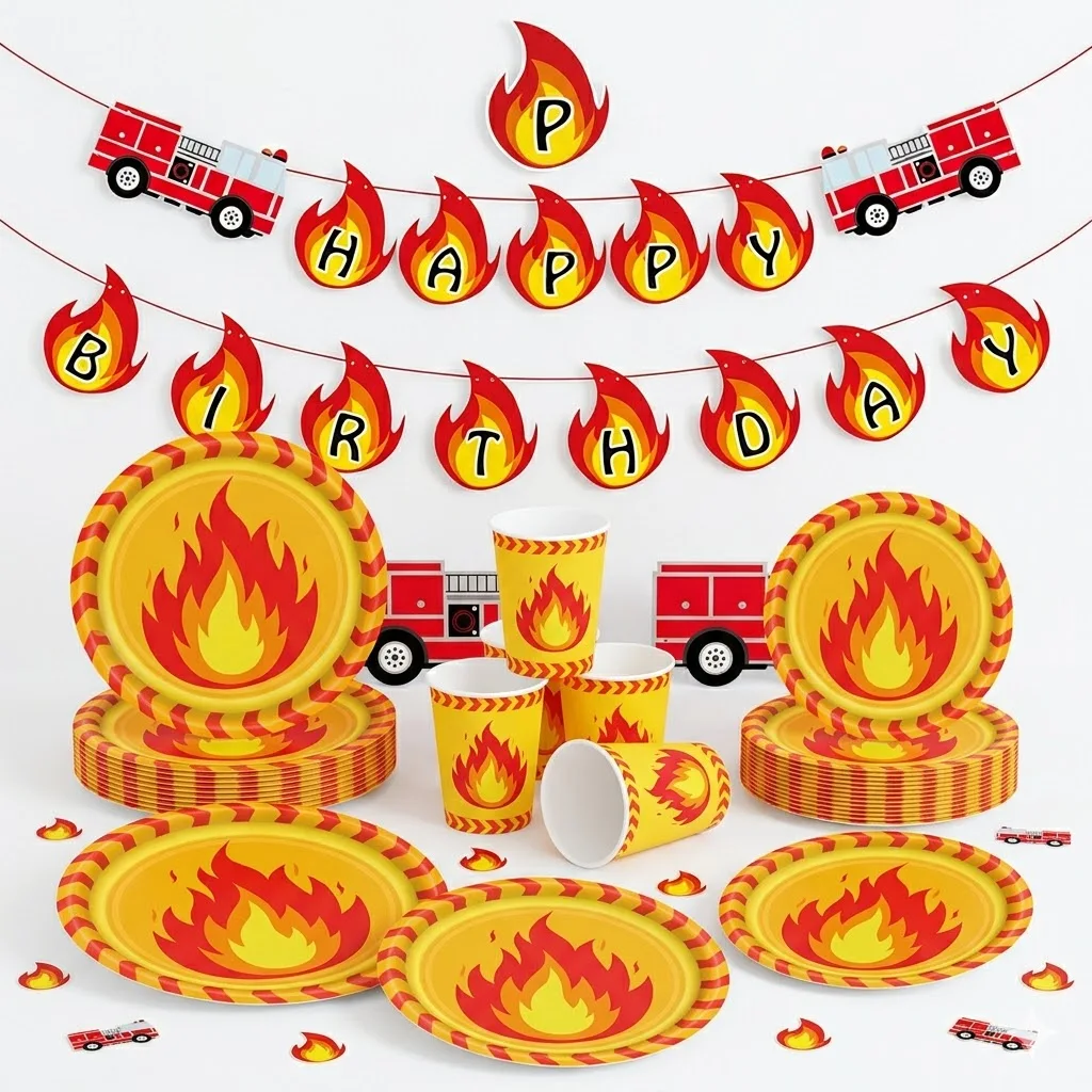 Firefighter Party Supplies Fire Engine Theme Birthday Decor Kid Boy Flame Paper Plates Cups Tablecloth Baby Shower Tableware Set