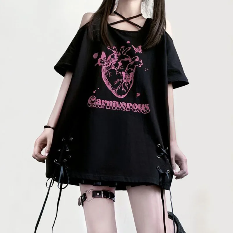 Dark Style Neck Hanging Cross Print Tie Loose Short Sleeved T-shirt for Female Students, Summer Slimming and Flesh Covering Top