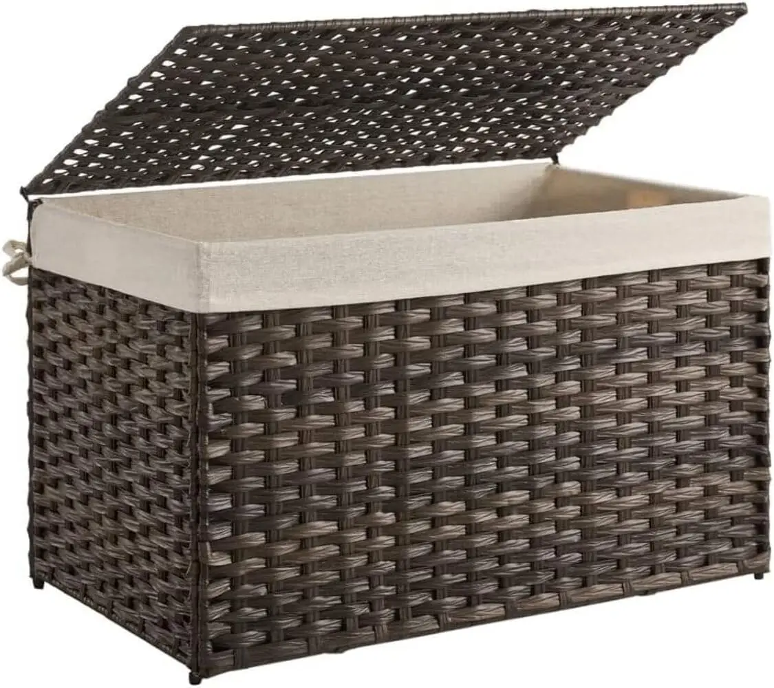 

Large Foldable Woven Storage Basket with Lid and Handles Removable Liner Metal Frame 42 Gallon Brown