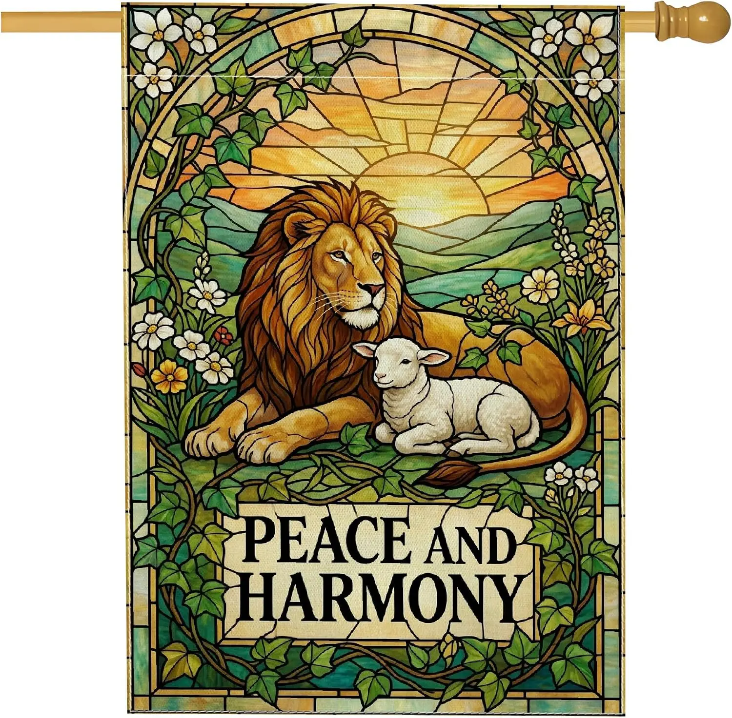 Lion House Flag, Stained Glass Nature Lamb Flowers Spring Green Burlap Double Sided Outside Large Garden Flag for Outdoor Pa kkz