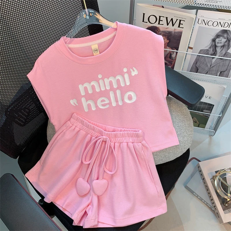 Summer Girls Clothing Set Solid Color Letter Print Sleeveless T-shirt+Shorts 2pcs Suit For 4 -12Y Teenagers Kids Leisure Outfit