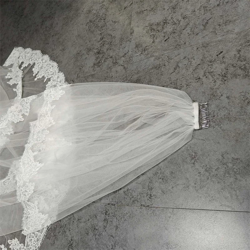 Customized 2 Layers Wedding Veil with Eyelash Lace, 1.5m/2m/2.5m/3m Bridal Veil with Blusher, 2T Eyelash Lace Veil