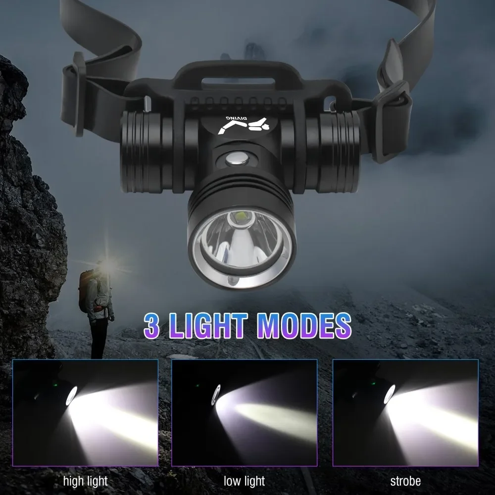 BORUiT B14 1200LM LED Scuba Diving Headlamp IPX8 Waterproof Underwater 60M Headlight 3-Mode Use 18650 Battery Diving Light