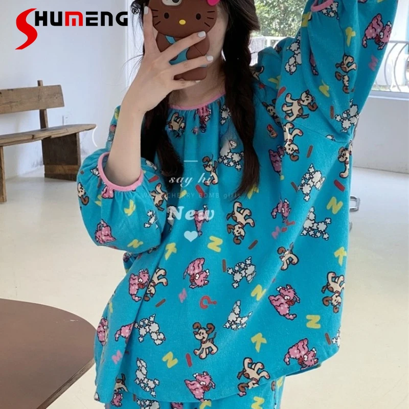 

Brushed Loose Long Pants Pajamas for Women Round Neck Long Sleeve Homewear Set Female Japanese Style Sleepwear Suits