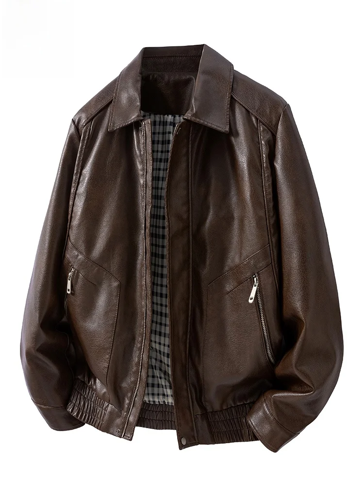 

Rn Men's Casual Loose Fit Leather Jaet Coffee Brown Collared Biker Sle Faionable Urban Polyester Fiber Autumn Coat