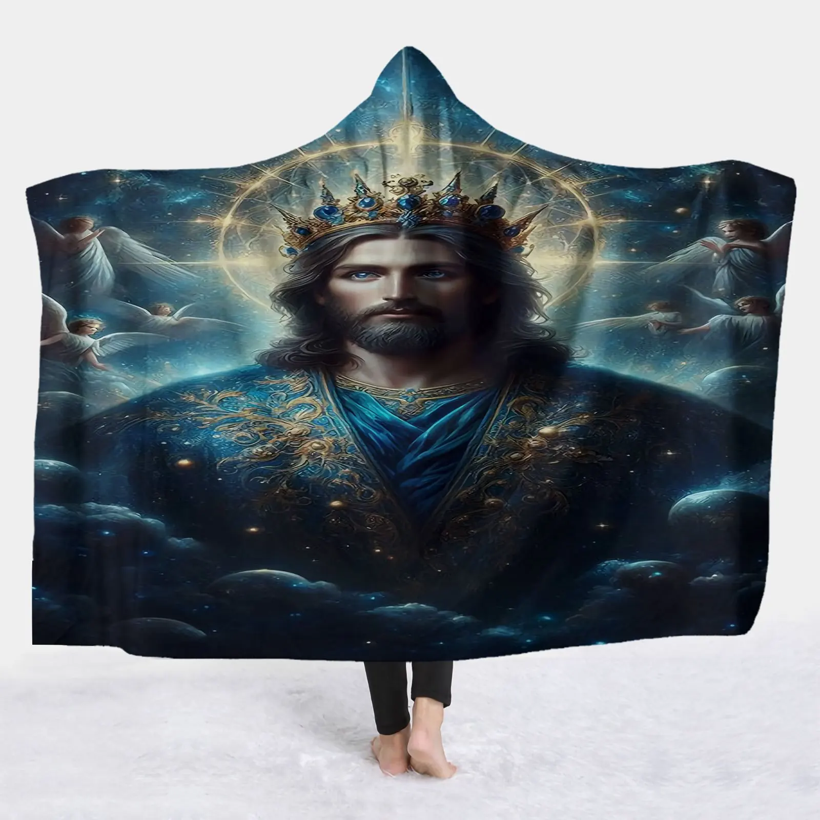 1pc Jesus Christ Angels Religious Blanket - Plush Flannel Soft Warm Throw with Golden Crown Jesus, Deep Blue