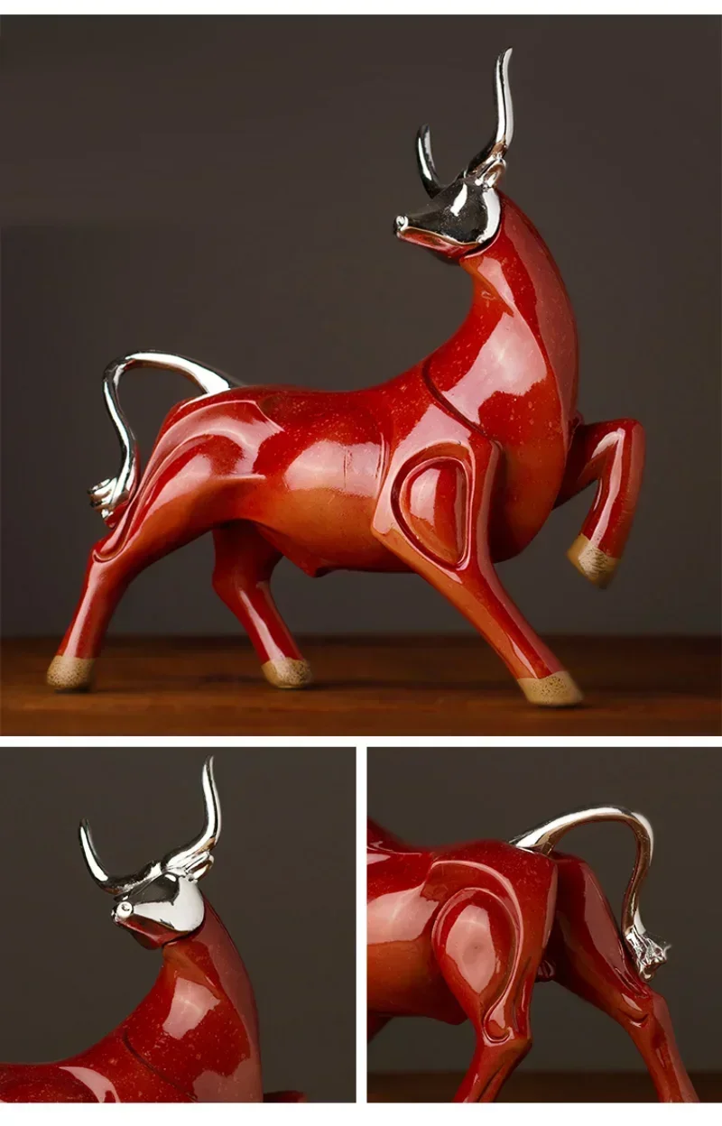 Modern Figurines Red and Black Bull Sculpture Resin Simulation Animal Statue Living Room Bookcase Crafts Accessories Home Decor