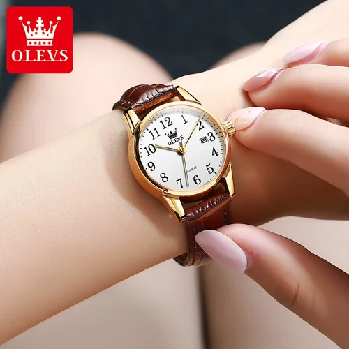 Imagen 1 del producto OLEVS, reloj de cuarzo de la mejor marca para mujer, relojes GMT resistentes al agua hasta 50M, correa de cuero deportiva para mujer, reloj de pulsera ultrafino para hombre