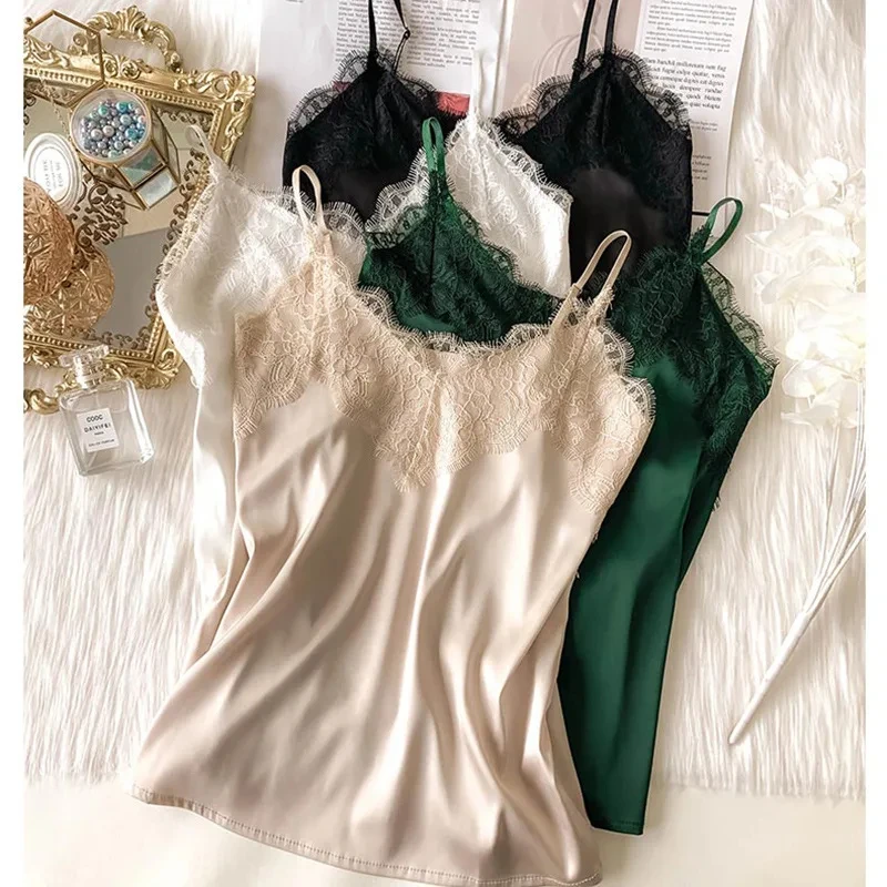 

Sexy Lace Camisole Women Silk V-neck Tops Summer New Sleeveless Casual Tank Tops Female Slim Soft Satin Basic Tops Plus Size